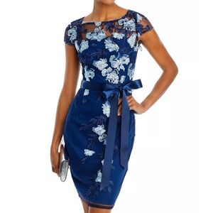 Wedding guest dress midnite blue, 39” length dress.Sheer top bodice w/appliqué.